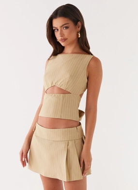 Breathable Mesh Panels Neutral Shade Miki Mini Skirt - Beige Stripe
