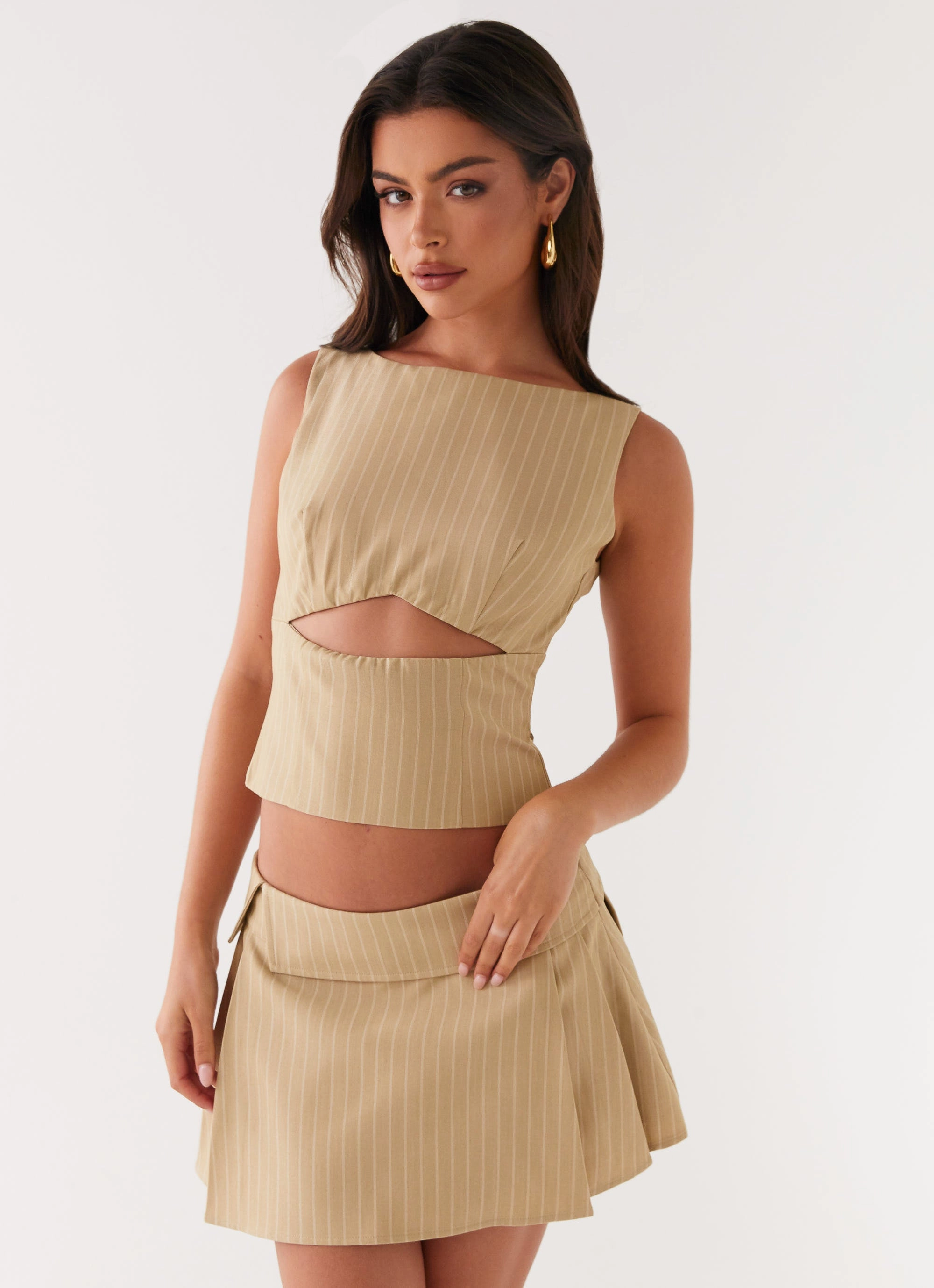 Miki Mini Skirt - Beige Stripe ElasticWaistband Minimal Waistband