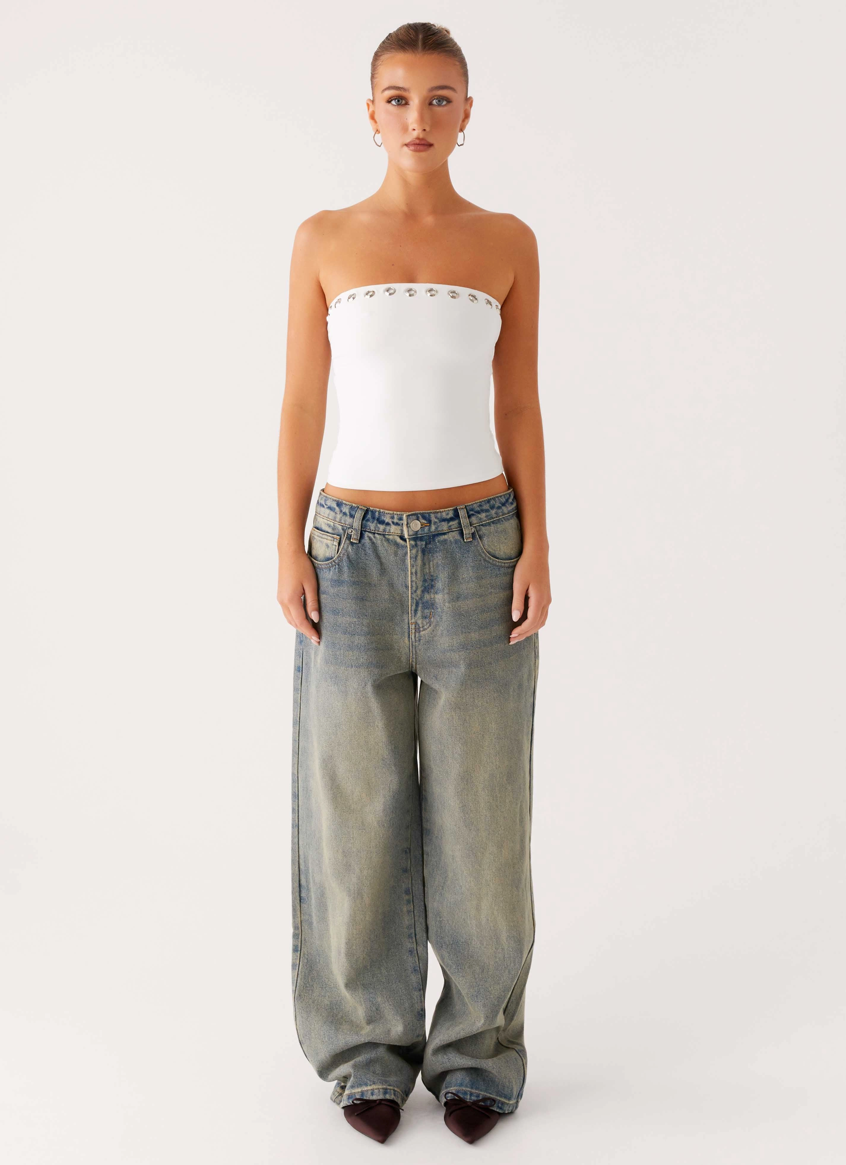 EthicallySourced MultiLayer Stitching Miku Eyelet Strapless Top - White