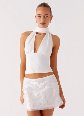 Milos Scarf Halter Neck Top - White Resilient Fabric Blend LowProfile Zipper