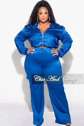 Final Sale Plus Size 2pc Sleek Bomber Jacket and Pants Set in Royal Blue Adjustable Drawcord