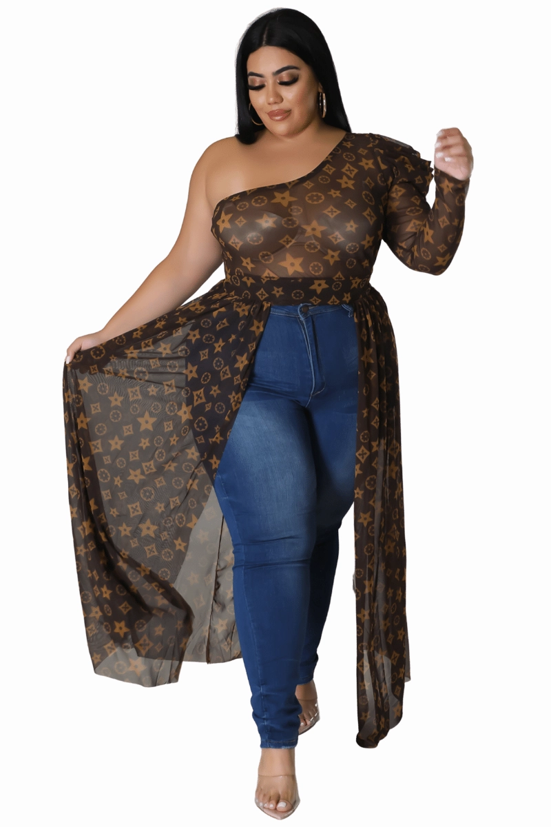 No Ride Fit Abrasion Resistant Material Final Sale Plus Size Mesh One Shoulder Top with Train in Brown and Taupe Design Print