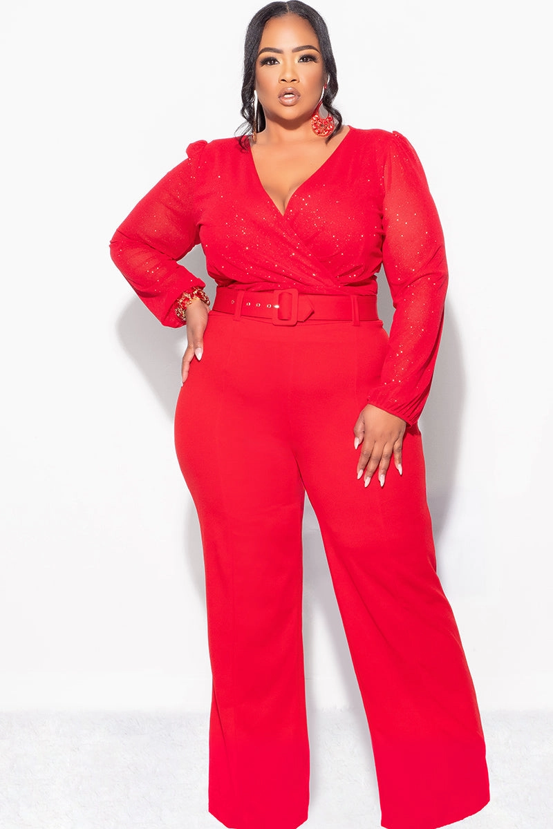 Contoured Side Panels Recycled Material Blend Final Sale Plus Size Sheer Glitter Faux Wrap Top in Red