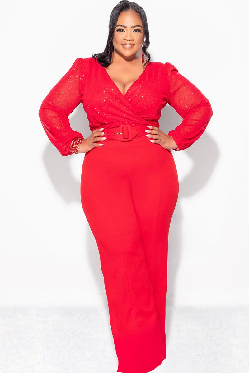 Textured Weave Final Sale Plus Size Sheer Glitter Faux Wrap Top in Red