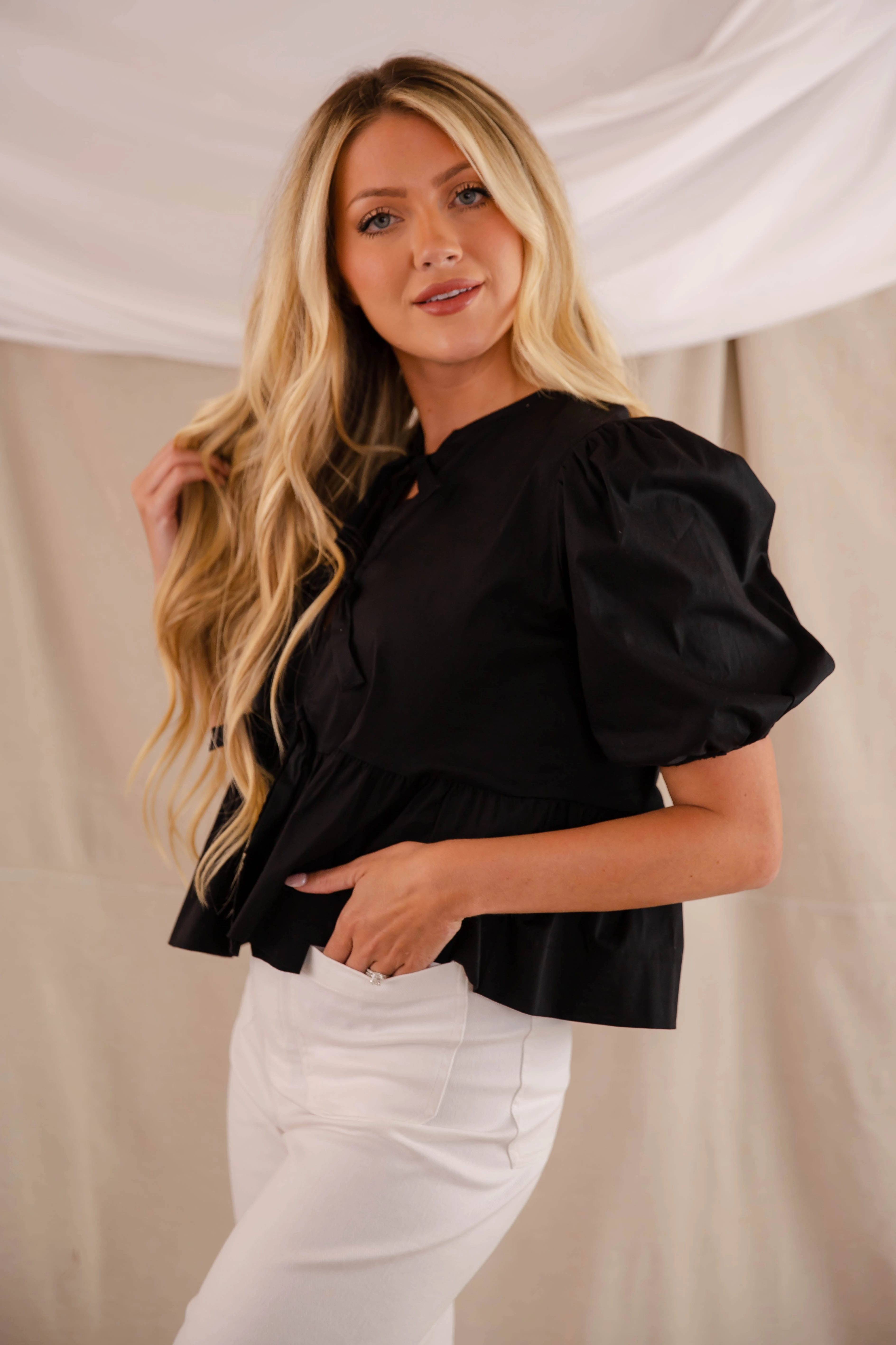 Just My Type Blouse-Black DoubleStitched Hem