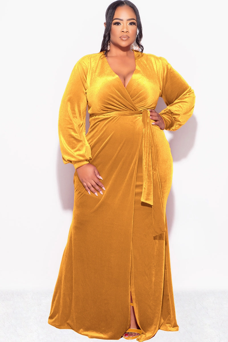 BreathableBackVents Final Sale Plus Size Faux Wrap Gown with Tie Belt in Dark Mustard Velvet