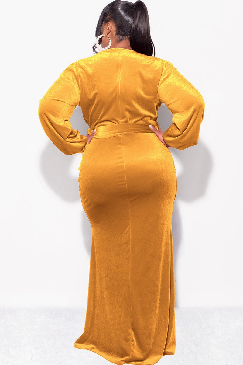 CrossGrain Fabric Final Sale Plus Size Faux Wrap Gown with Tie Belt in Dark Mustard Velvet
