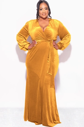 Final Sale Plus Size Faux Wrap Gown with Tie Belt in Dark Mustard Velvet TwillWeave SoftFeel Fabric