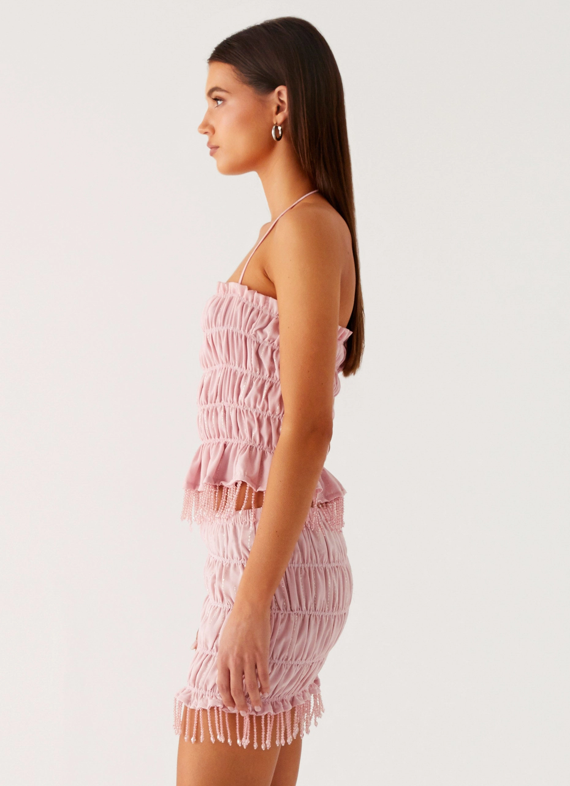 Shari Beaded Halter Top - Pink DoubleStitched Hem Breathable mesh lining