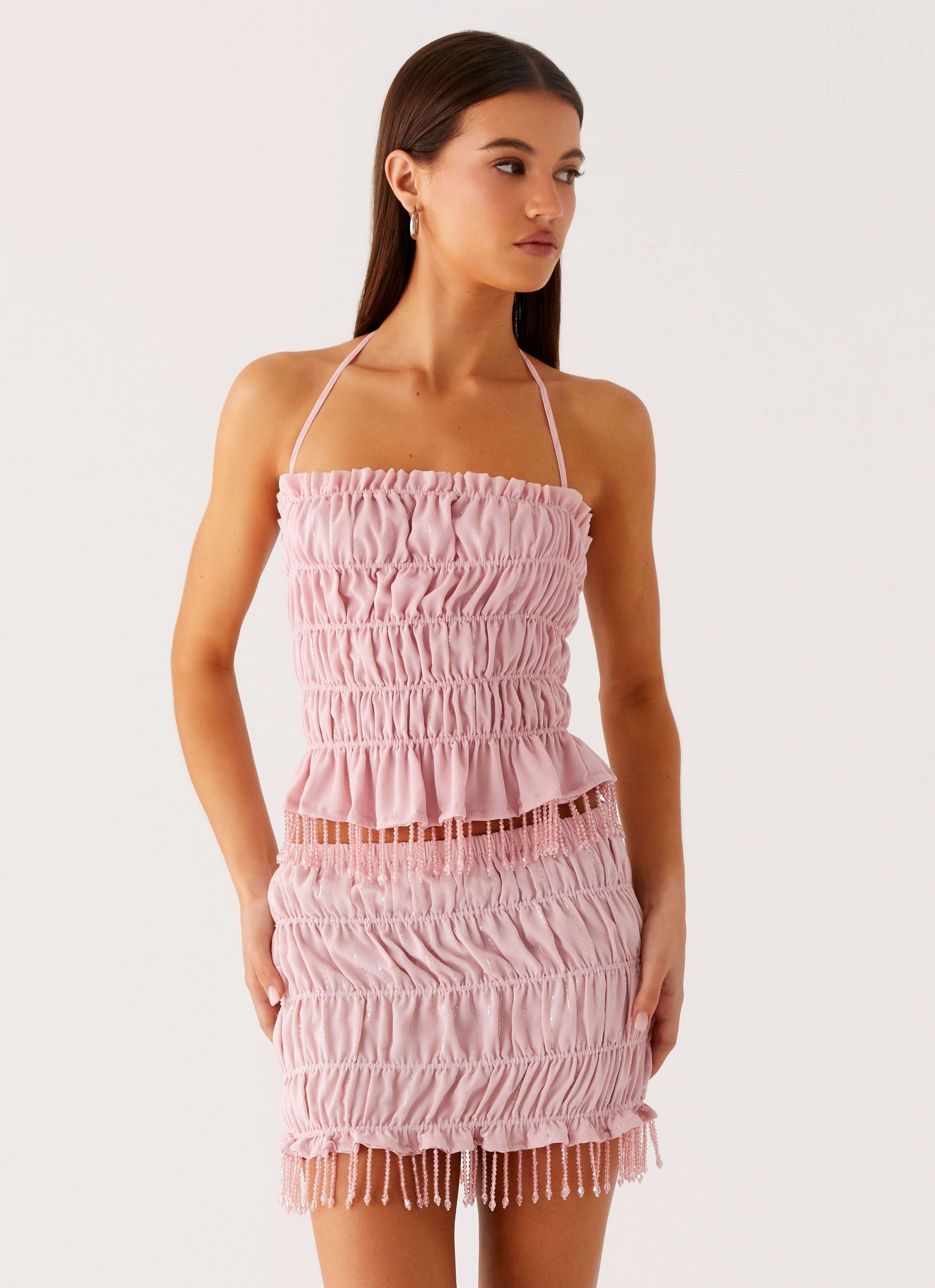Shari Beaded Halter Top - Pink Fray Resistant Edges Microfiber texture