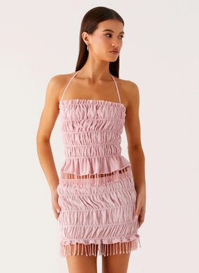 Shari Beaded Halter Top - Pink Fray Resistant Edges Microfiber texture