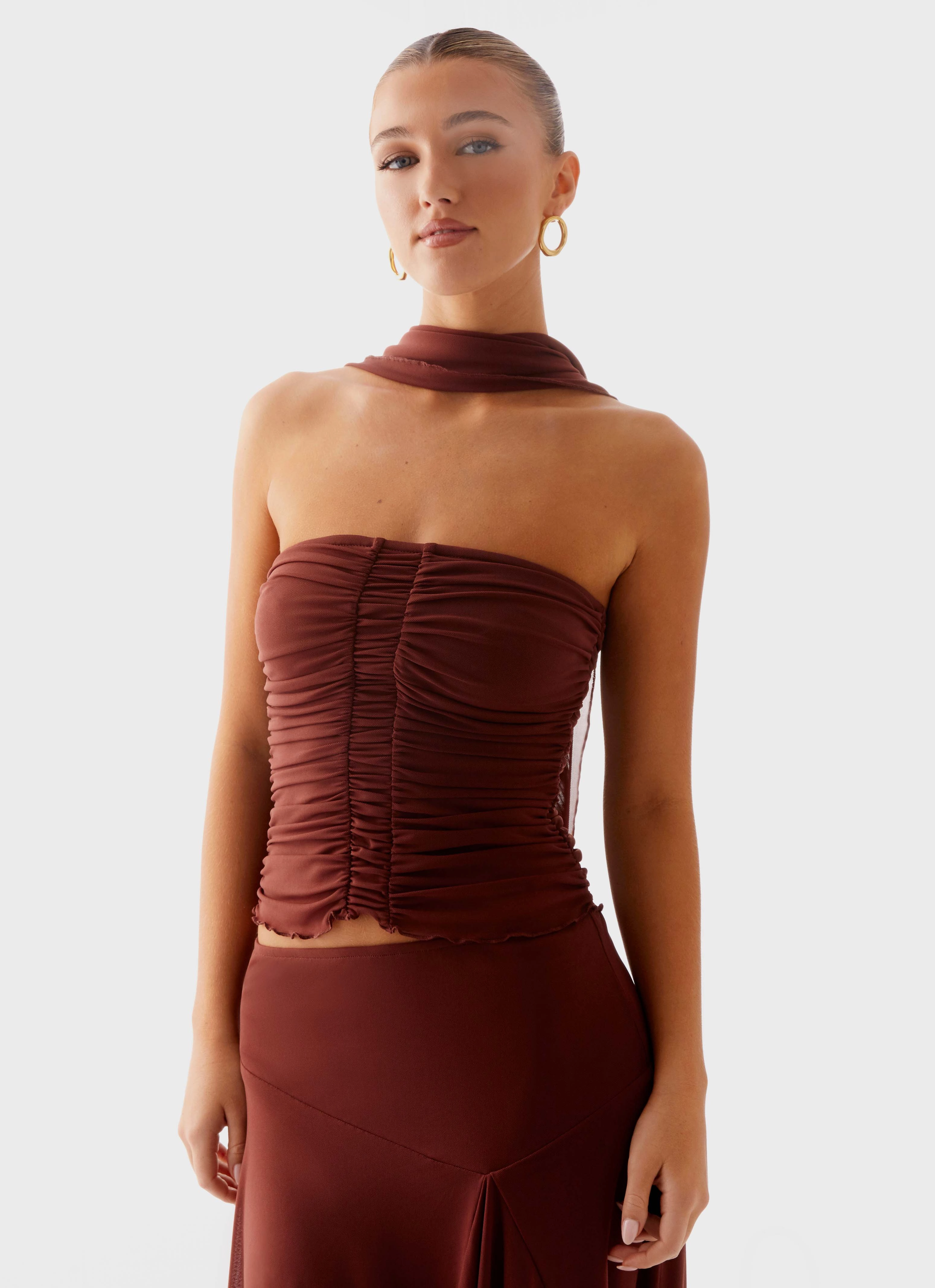 Mirage Scarf Top - Chocolate Flowing Design LowMaintenanceFabric