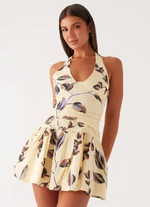Lounge Vibes Patterned-Fabric Mirelle Halter Neck Mini Dress - Buttercream Bliss