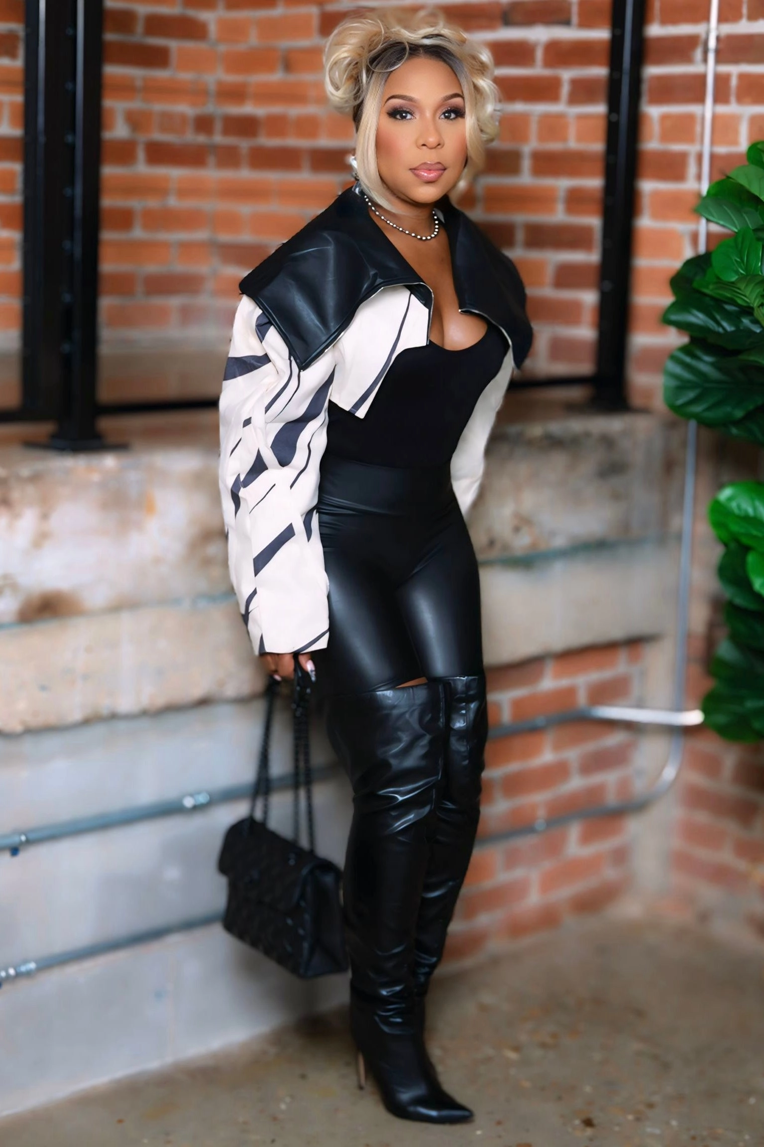 Missy Faux Leather Collar Moto Cropped Jacket Bonded Seam Technology