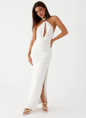 Gentle Stitch Layer Safe Samara Halterneck Maxi Dress - White