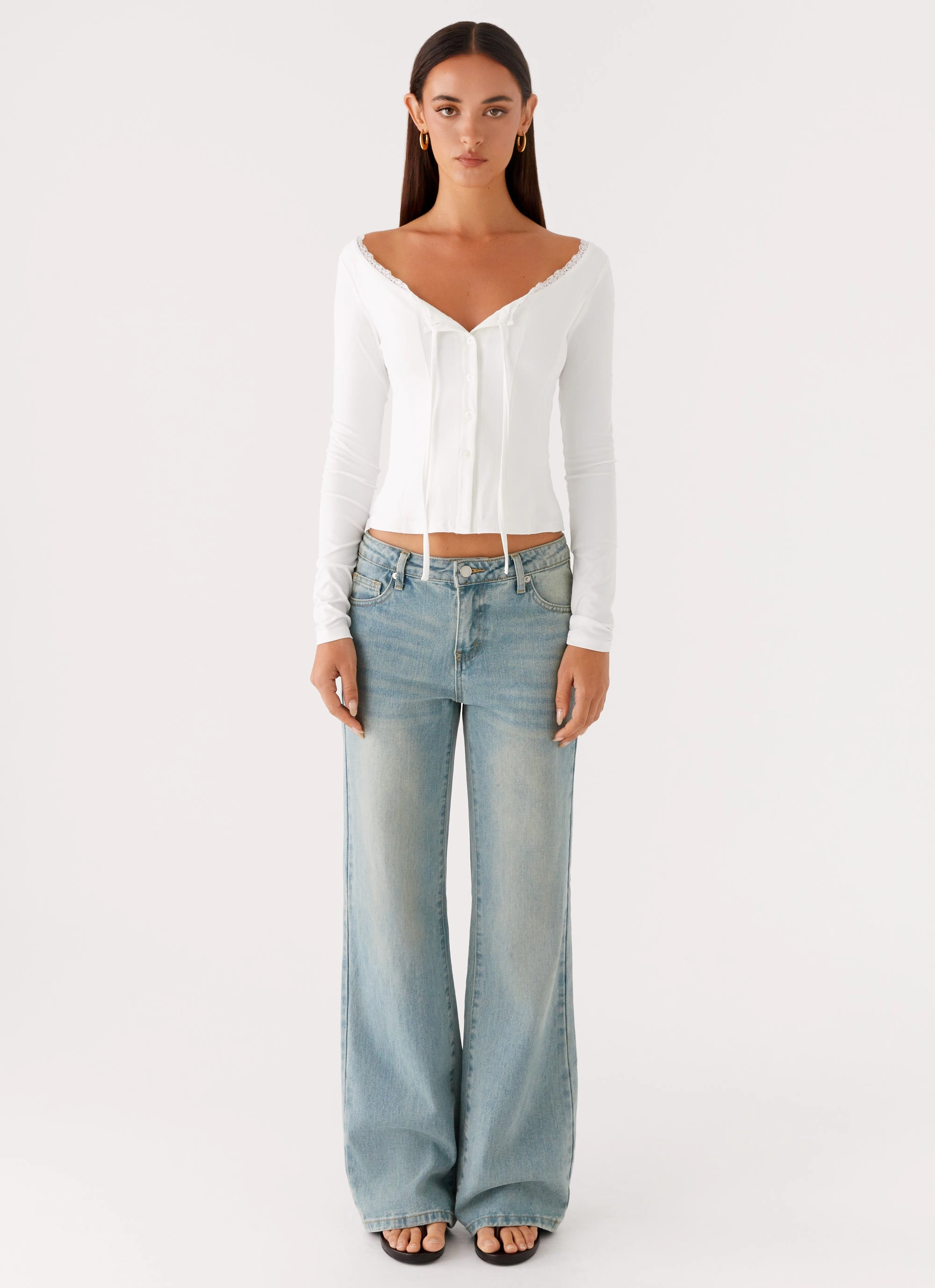 Moda Long Sleeve Top - White TwoToneEffect Simple Shirt