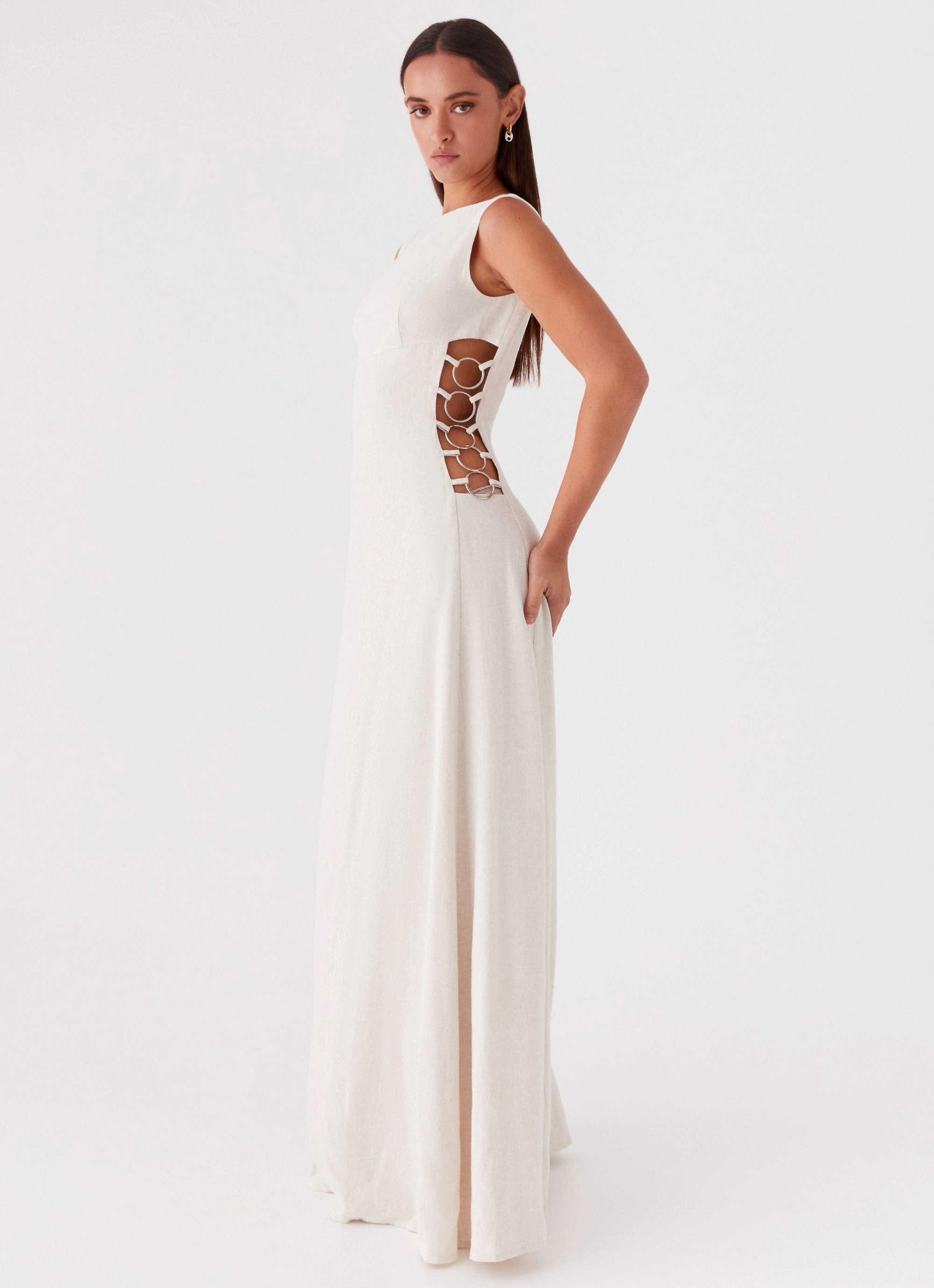 Silky-Feel Cozy Style Catherine Linen Maxi Dress - Oatmeal