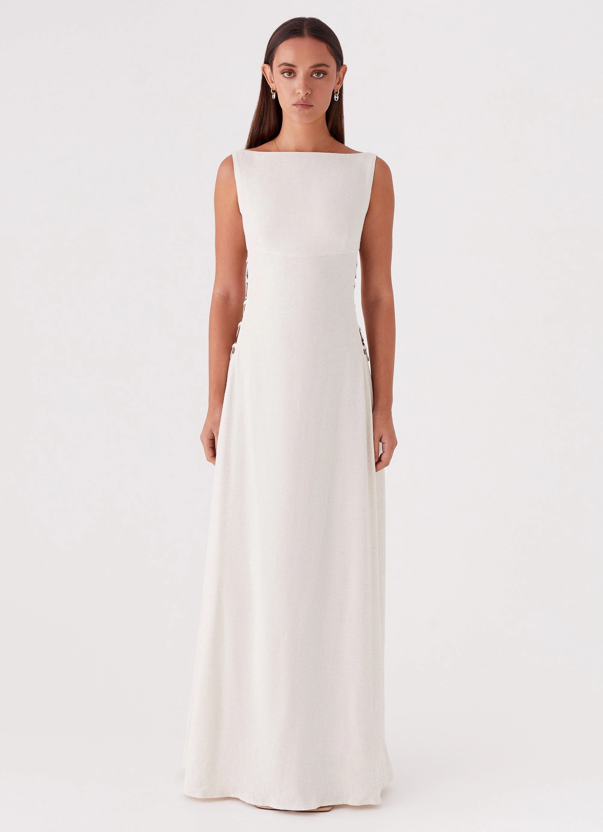 Catherine Linen Maxi Dress - Oatmeal Cinched-Waist Subtle-Print