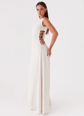 Silky-Feel Cozy Style Catherine Linen Maxi Dress - Oatmeal