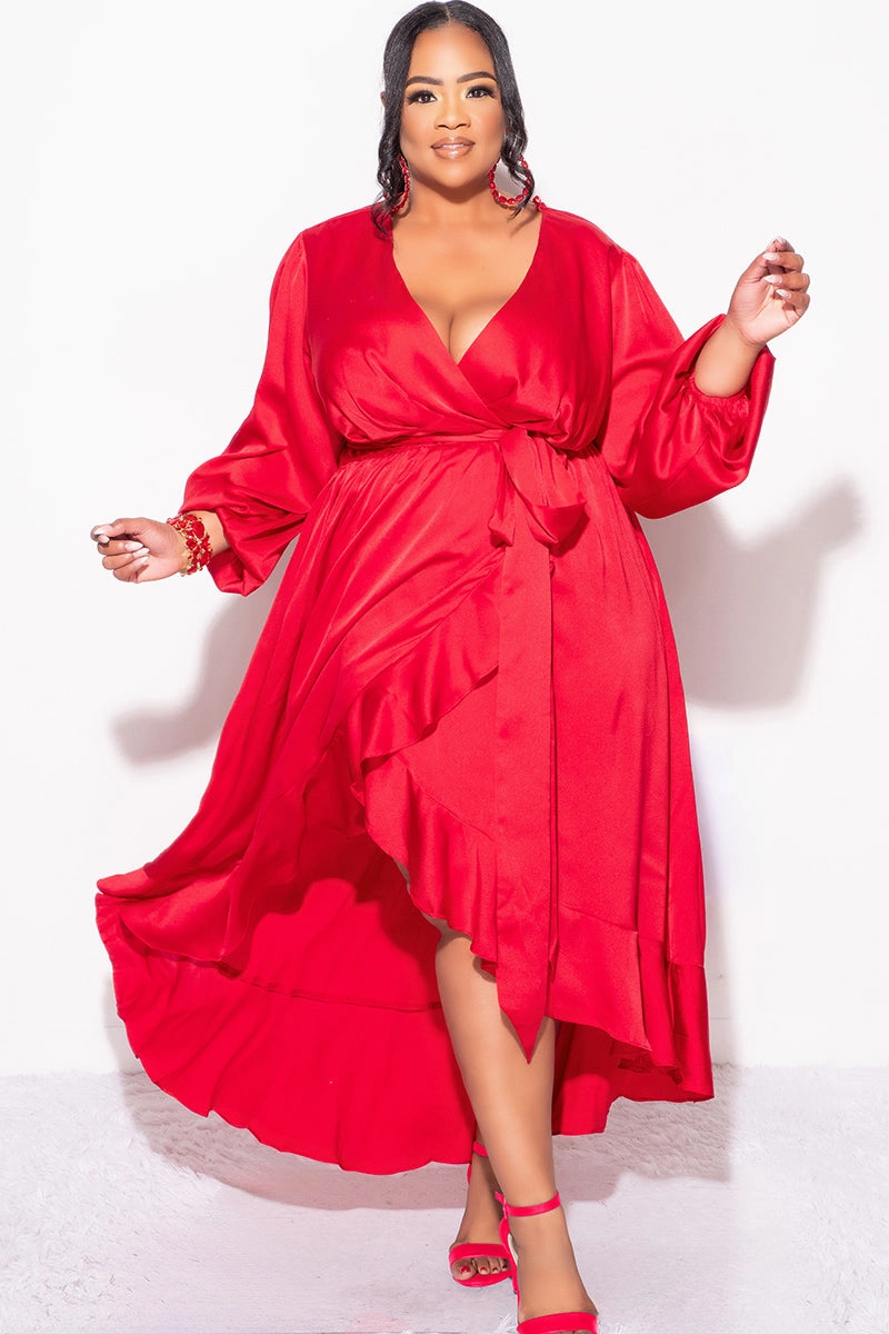 Final Sale Plus Size Faux Wrap High-Low Dress with Waist Tie in Burgundy DualLayer Weave Soft Touch Feel