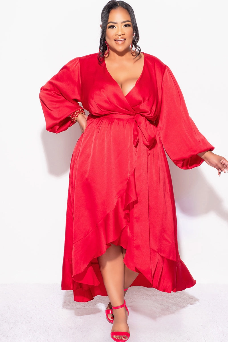Final Sale Plus Size Faux Wrap High-Low Dress with Waist Tie in Burgundy Non Irritating Seams