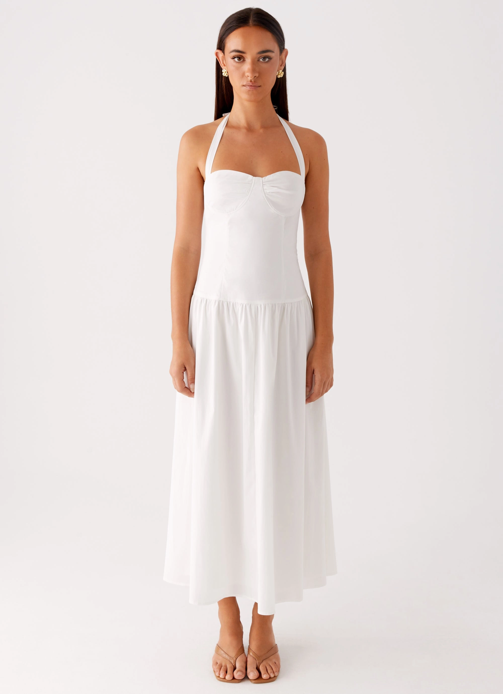 Matte-Lining Scoop-Neck Vento Midi Dress - White