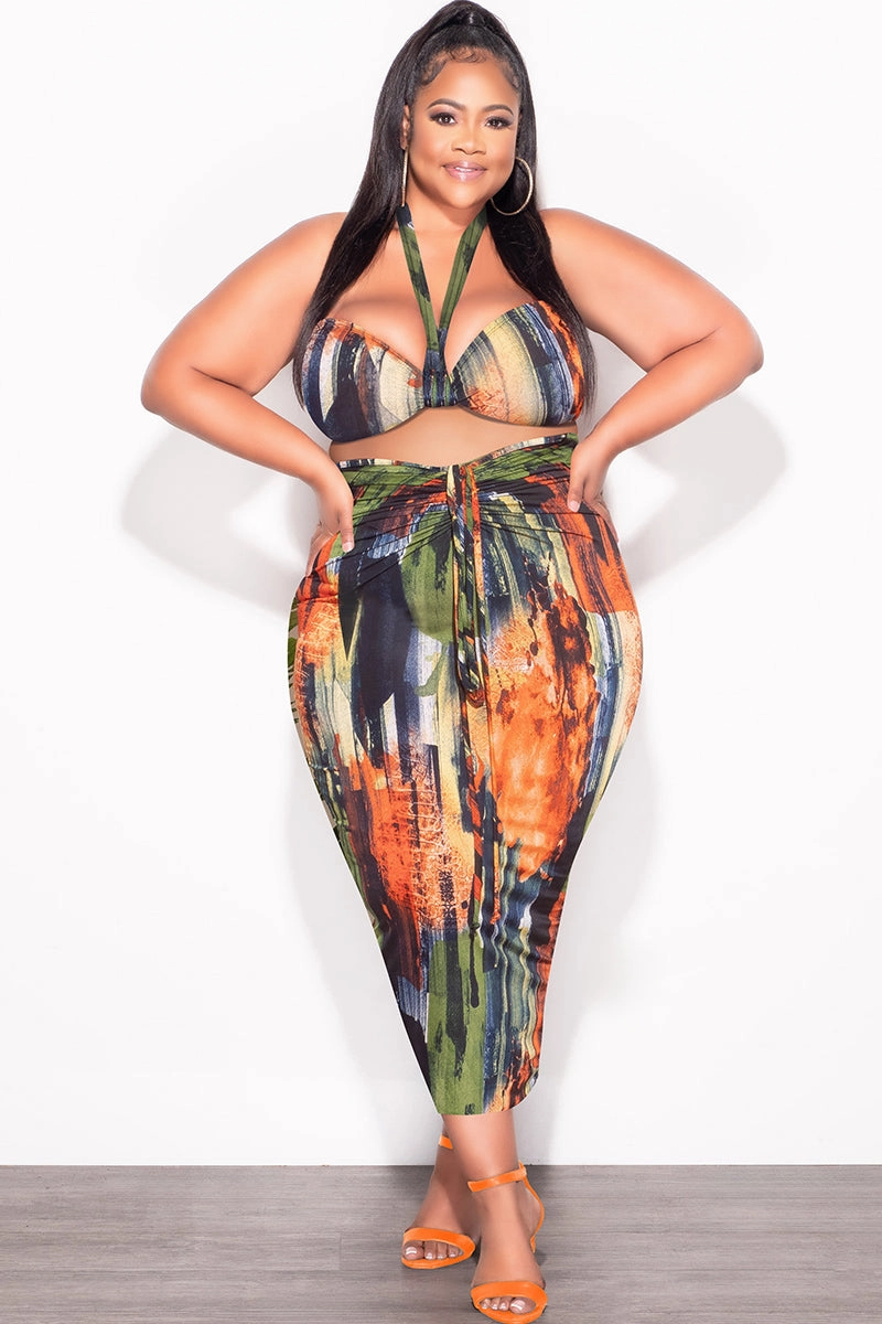 RipstopFabric Timeless Comfort Fit Final Sale Plus Size 2pc Set with Self Tie Top & Ruched Skirt in Dark Multi-Color Print