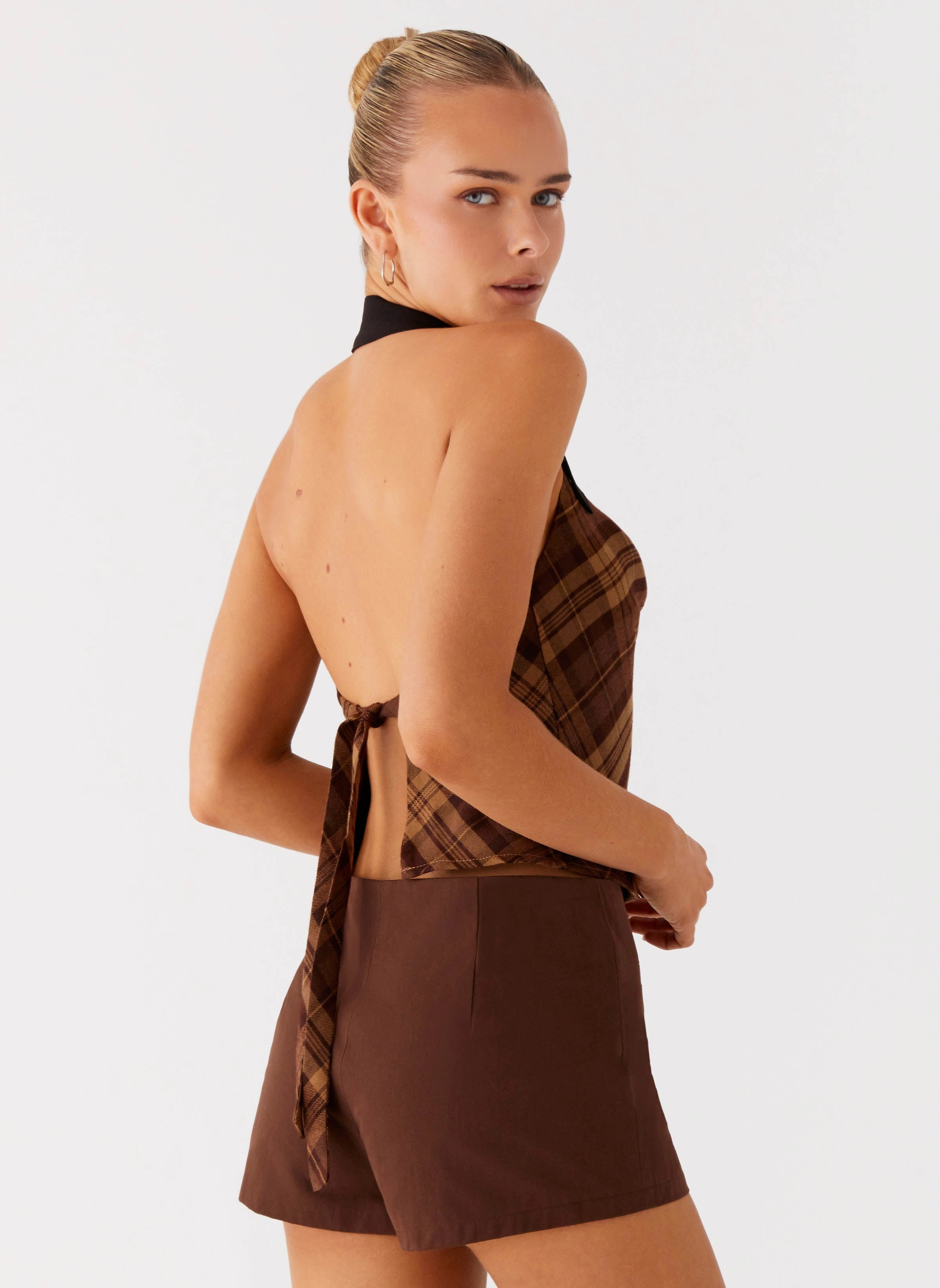 Tagless Neckline Design Stateside Cowl Top - Plaid