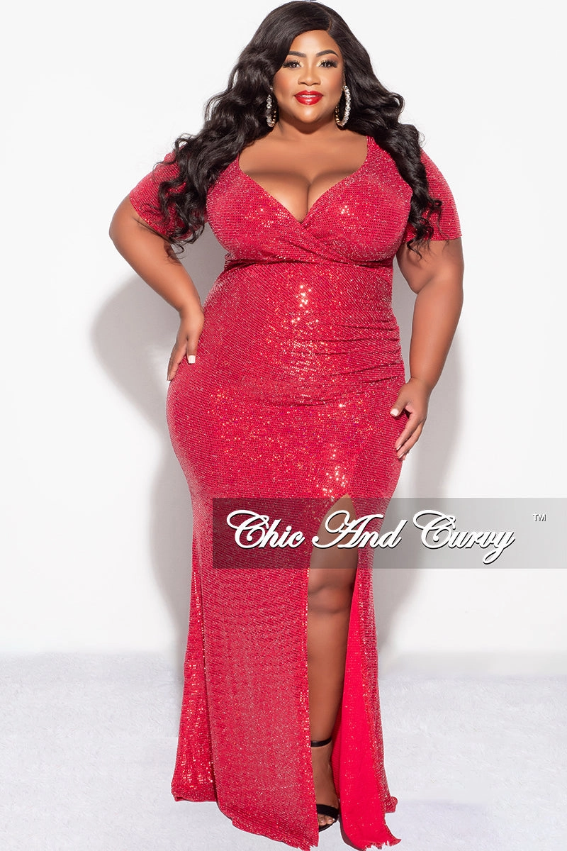 Final Sale Plus Size Evening Gown Deep V Neck Dress in Confetti Dot Knit Sequin in Red EcoCertified MoistureWicking Technology