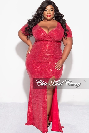 Friction Resistant Finish TwoToneEffect Final Sale Plus Size Evening Gown Deep V Neck Dress in Confetti Dot Knit Sequin in Red