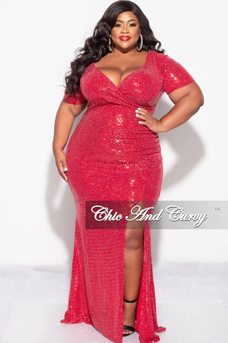 Final Sale Plus Size Evening Gown Deep V Neck Dress in Confetti Dot Knit Sequin in Red Recycled Polyester Blend