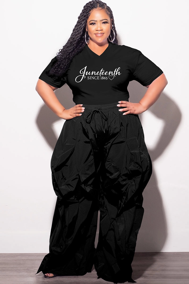 Unisex style Final Sale Plus Size Oversized Unisex V-Neck Black T-Shirt Juneteenth since 1865