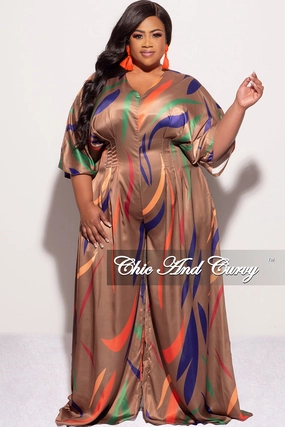 Cold Weather Gear Loose cut Final Sale Plus Size Satin Flare Leg Jumpsuit in Brown Multi Color