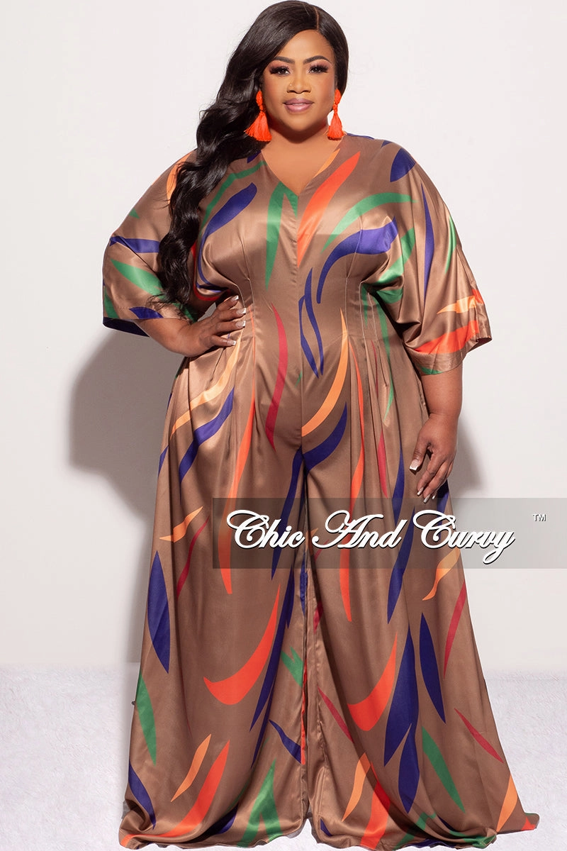 Final Sale Plus Size Satin Flare Leg Jumpsuit in Brown Multi Color Breathable wear Comfortable Fit Wear