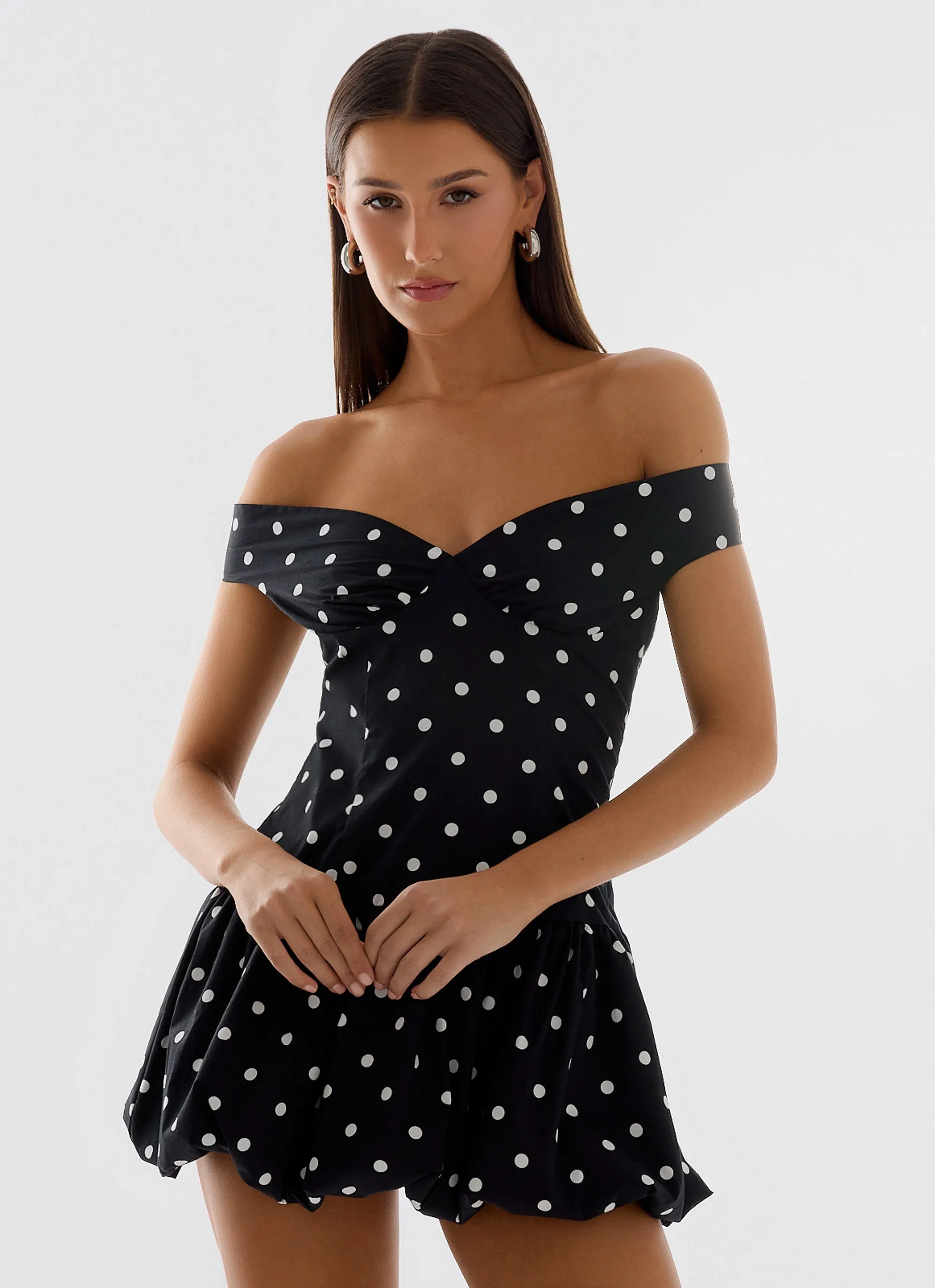 Office Layer Endless Romance Off Shoulder Mini Dress - Black Polkadot