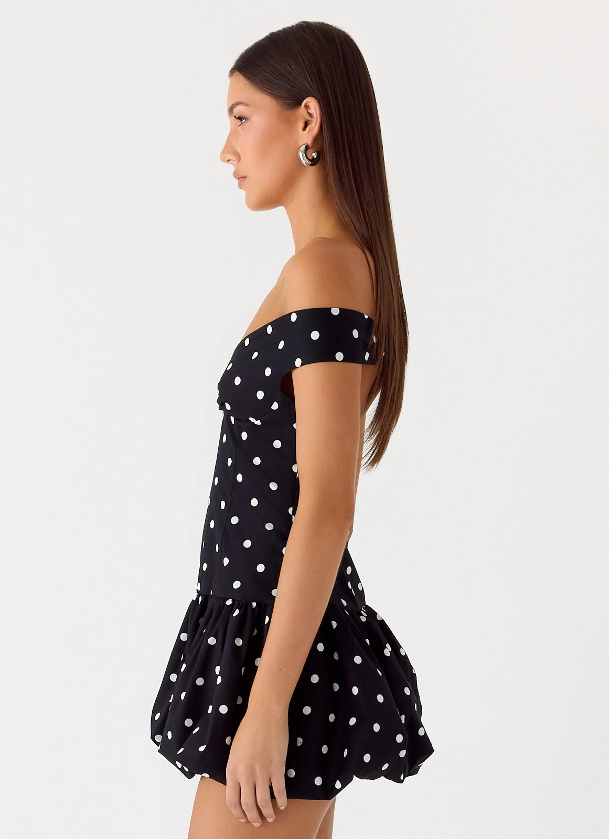 DeepPocketStyle Endless Romance Off Shoulder Mini Dress - Black Polkadot