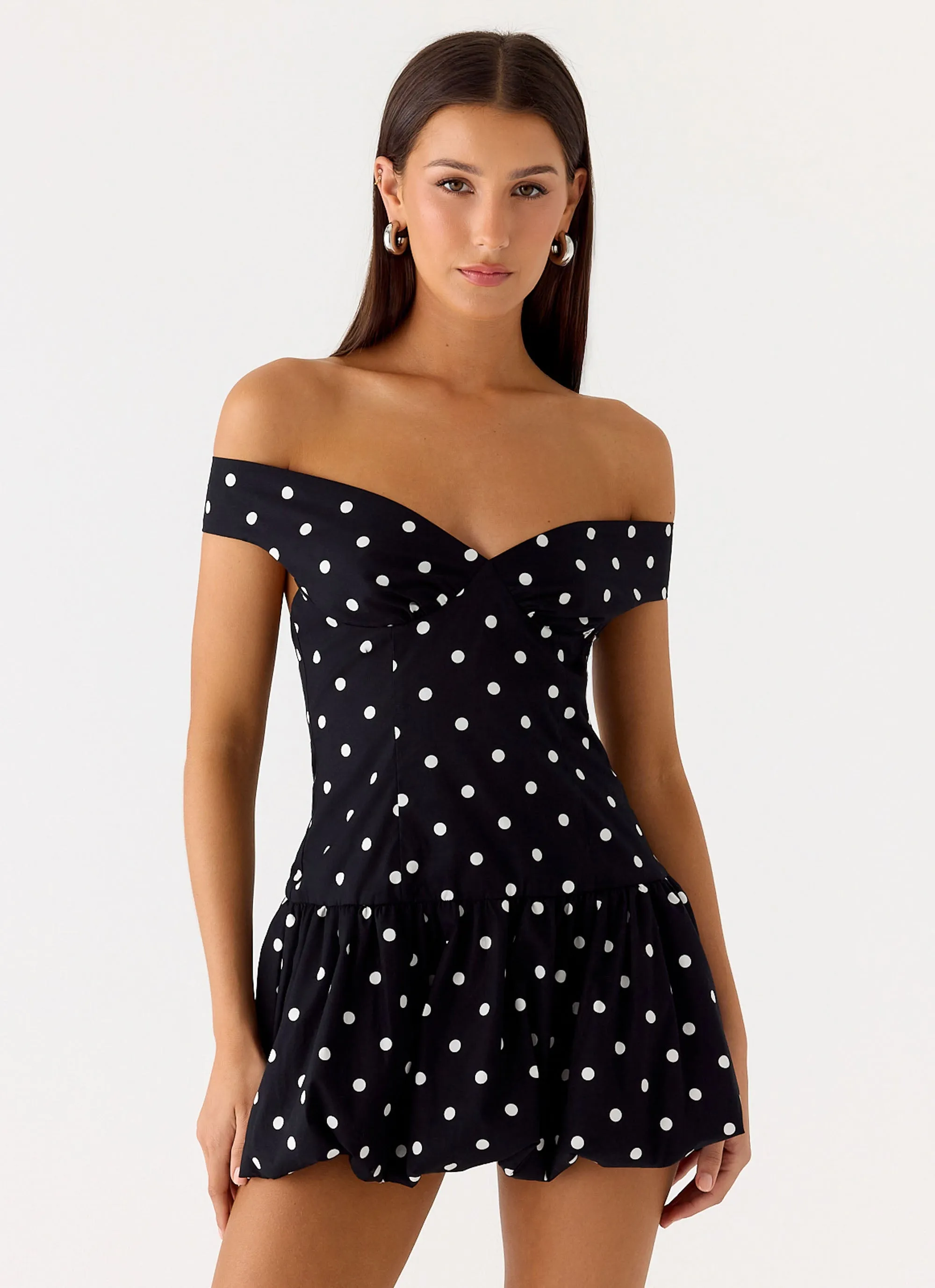 Fashionable And Functional Street Mode Endless Romance Off Shoulder Mini Dress - Black Polkadot