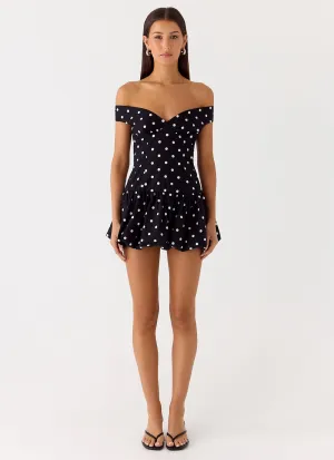 Sculpted Form Endless Romance Off Shoulder Mini Dress - Black Polkadot