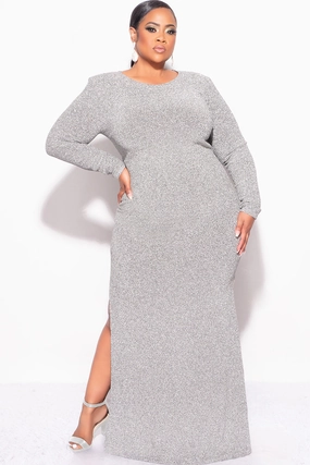 Elastic Edge Binding Final Sale Plus Size Gown in Silver Foil Fabric with Side Slit