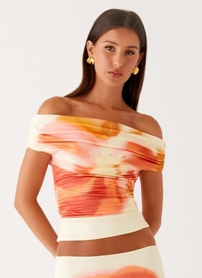 DoubleStitching Two Tone Texture Effect Moka Off Shoulder Top - Mimosa Blossom