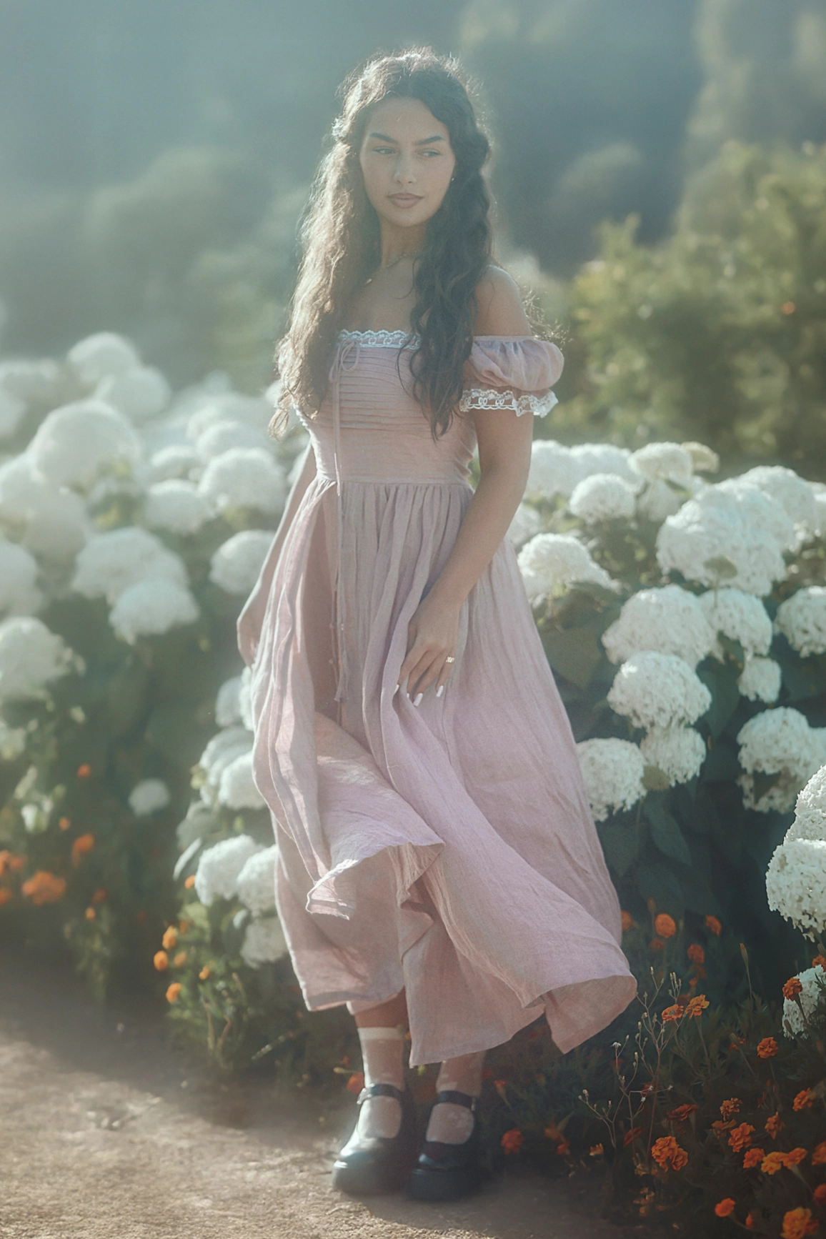Monet Haze 26 | Fairy layered Linen Dress with pintucks Durable Activewear TouchscreenCompatiblePockets