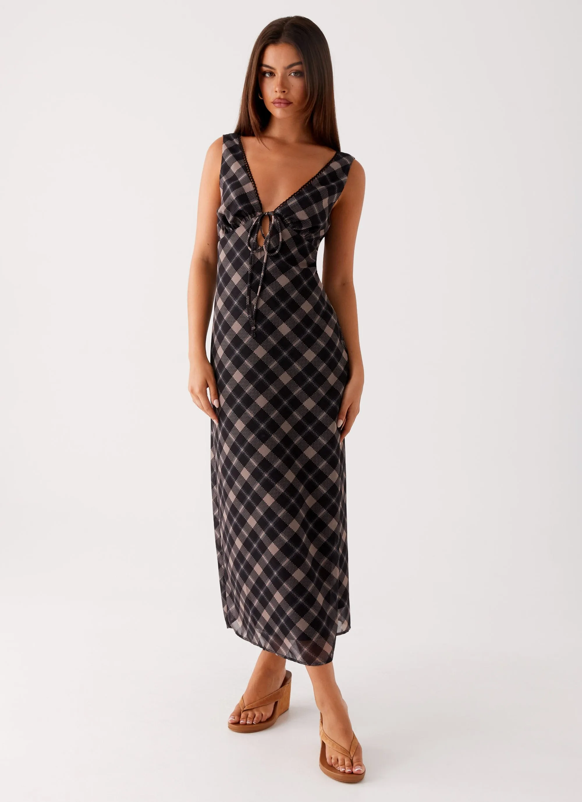 Gianna Midi Dress - Taupe Check Casual Silhouette Urban Chic