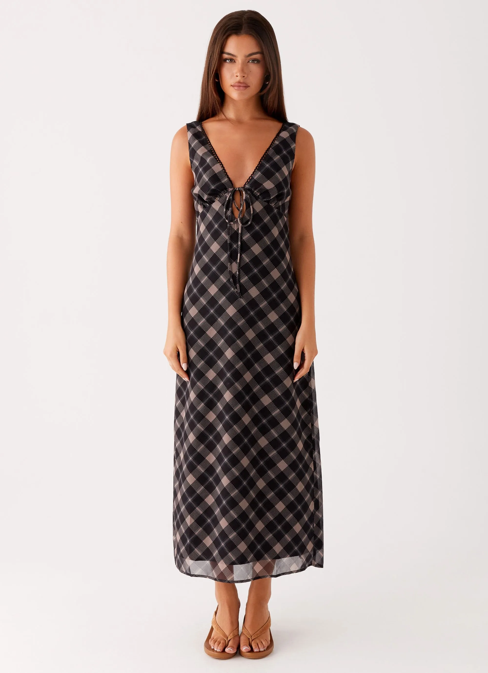 Gianna Midi Dress - Taupe Check Durable-Fabric Date-Night