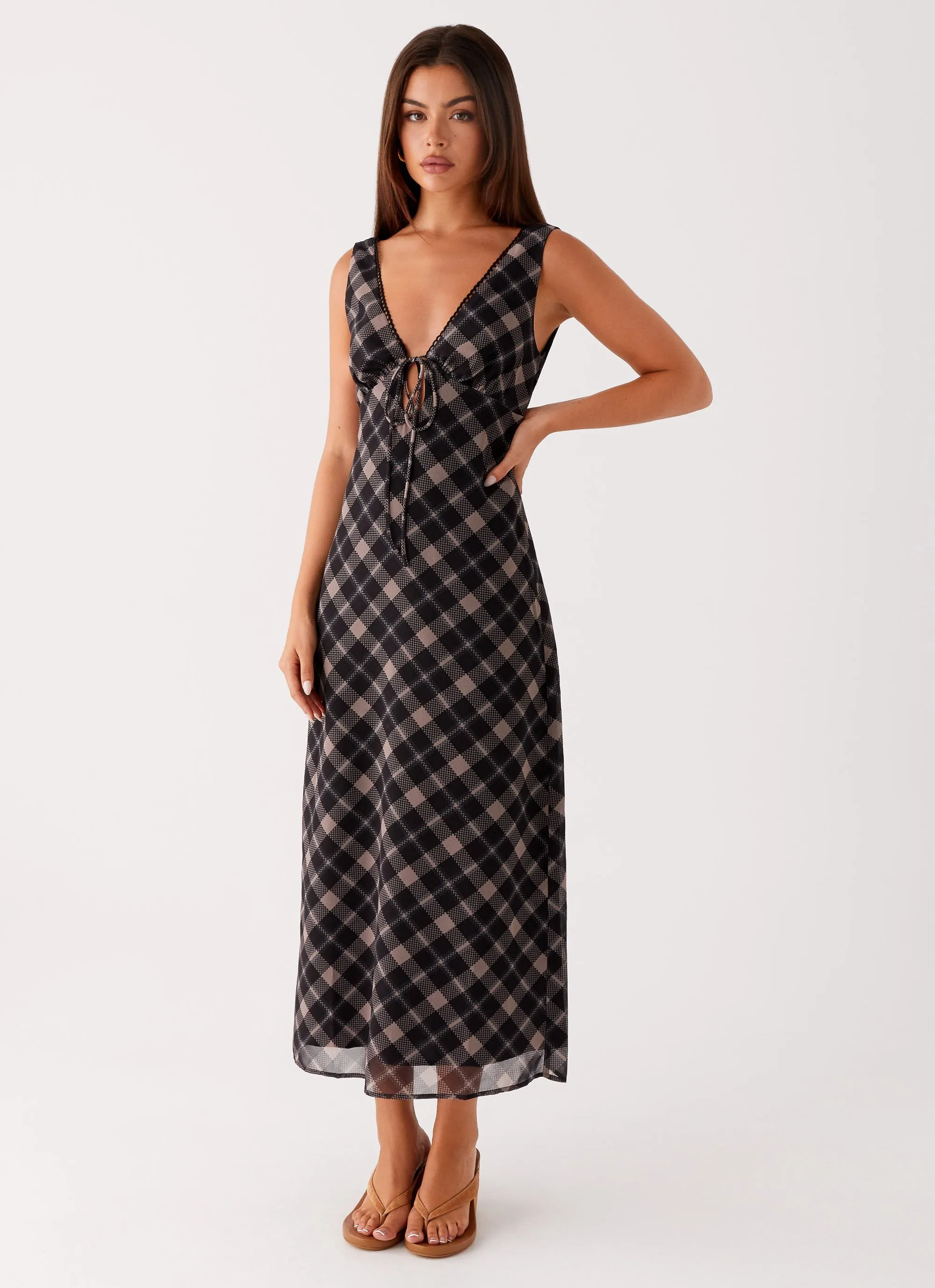 Chic and Flattering urban vibe Gianna Midi Dress - Taupe Check