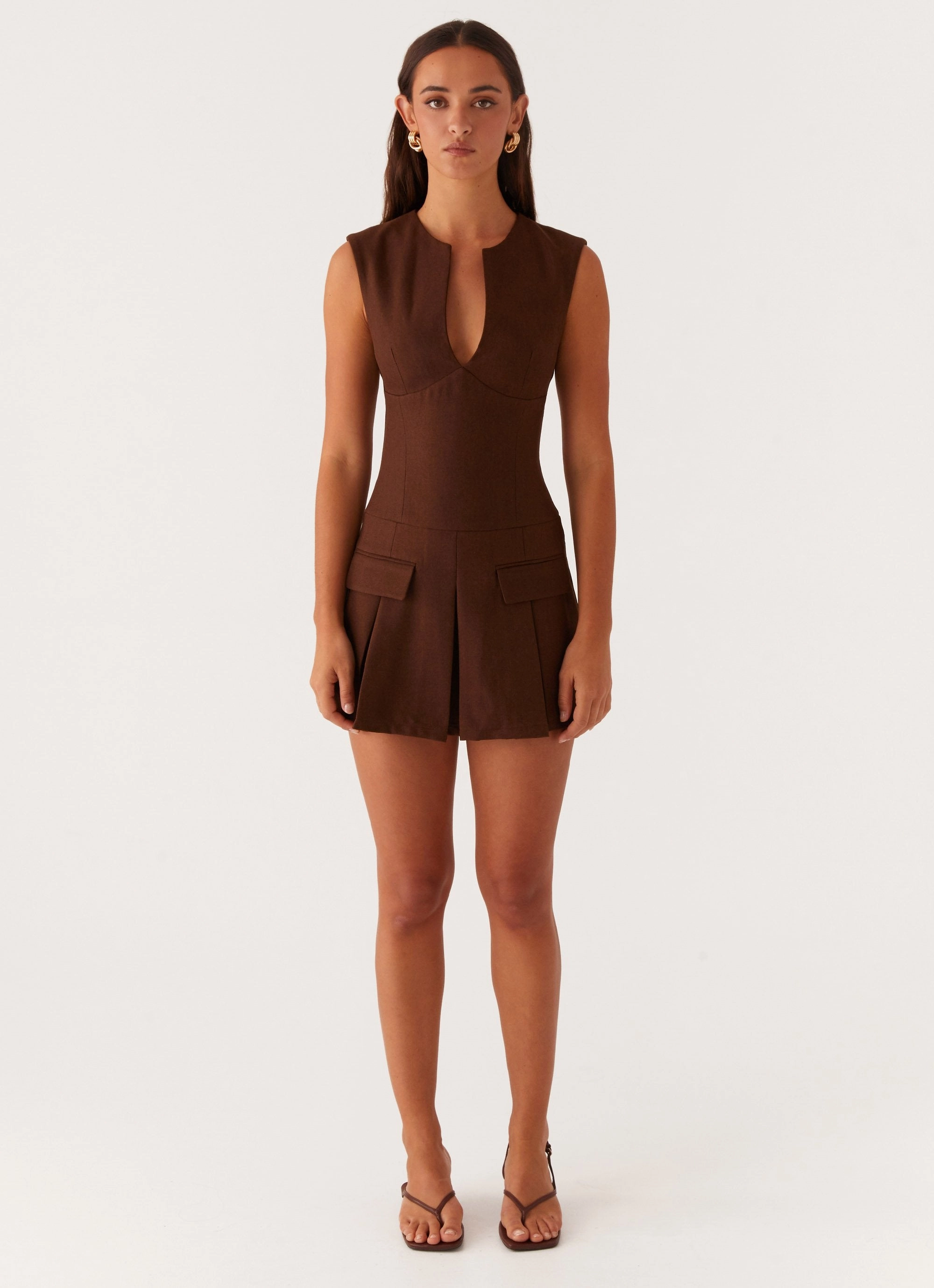 Cassia Mini Dress - Brown Relax Line Soft Pleats