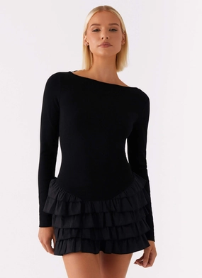 Moon Rising Long Sleeve Mini Dress - Black Evening Vibe Timeless Line