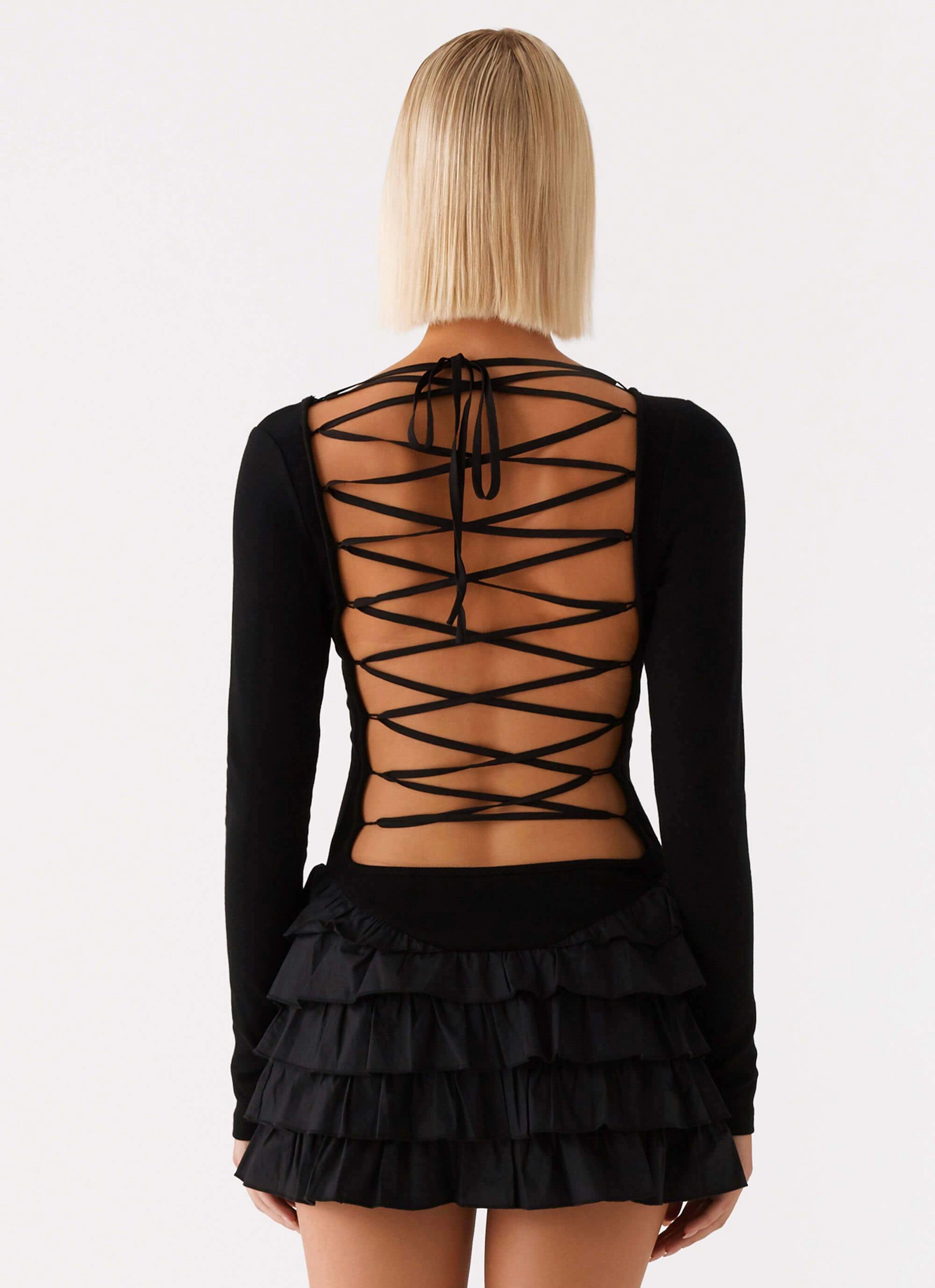 Moon Rising Long Sleeve Mini Dress - Black Floating Shape Casual Tones