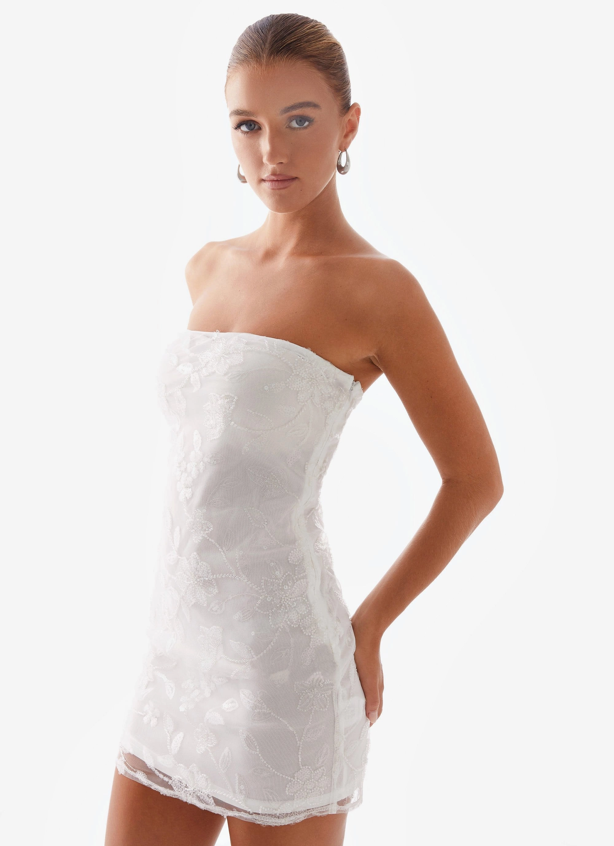 Moorey Beaded Mini Dress - White Silver Draped Fabric Free Shape