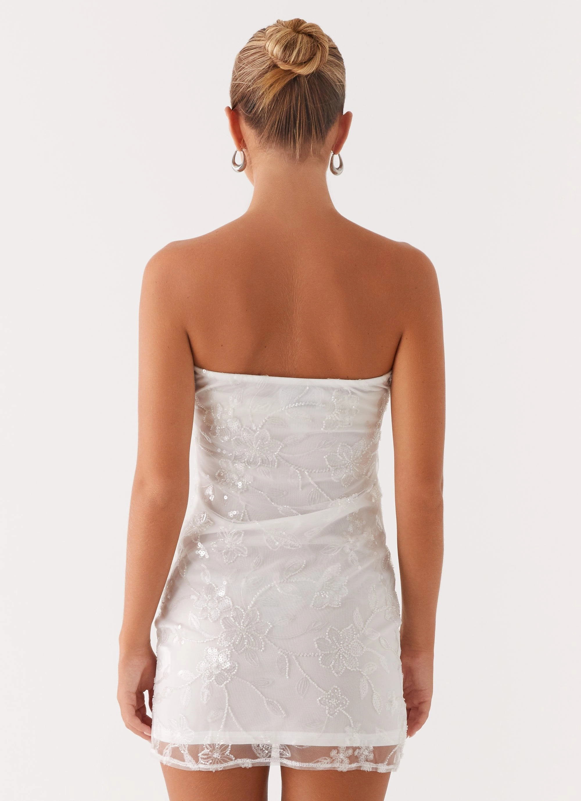 Moorey Beaded Mini Dress - White Silver breathable fabric dress Silky Drape