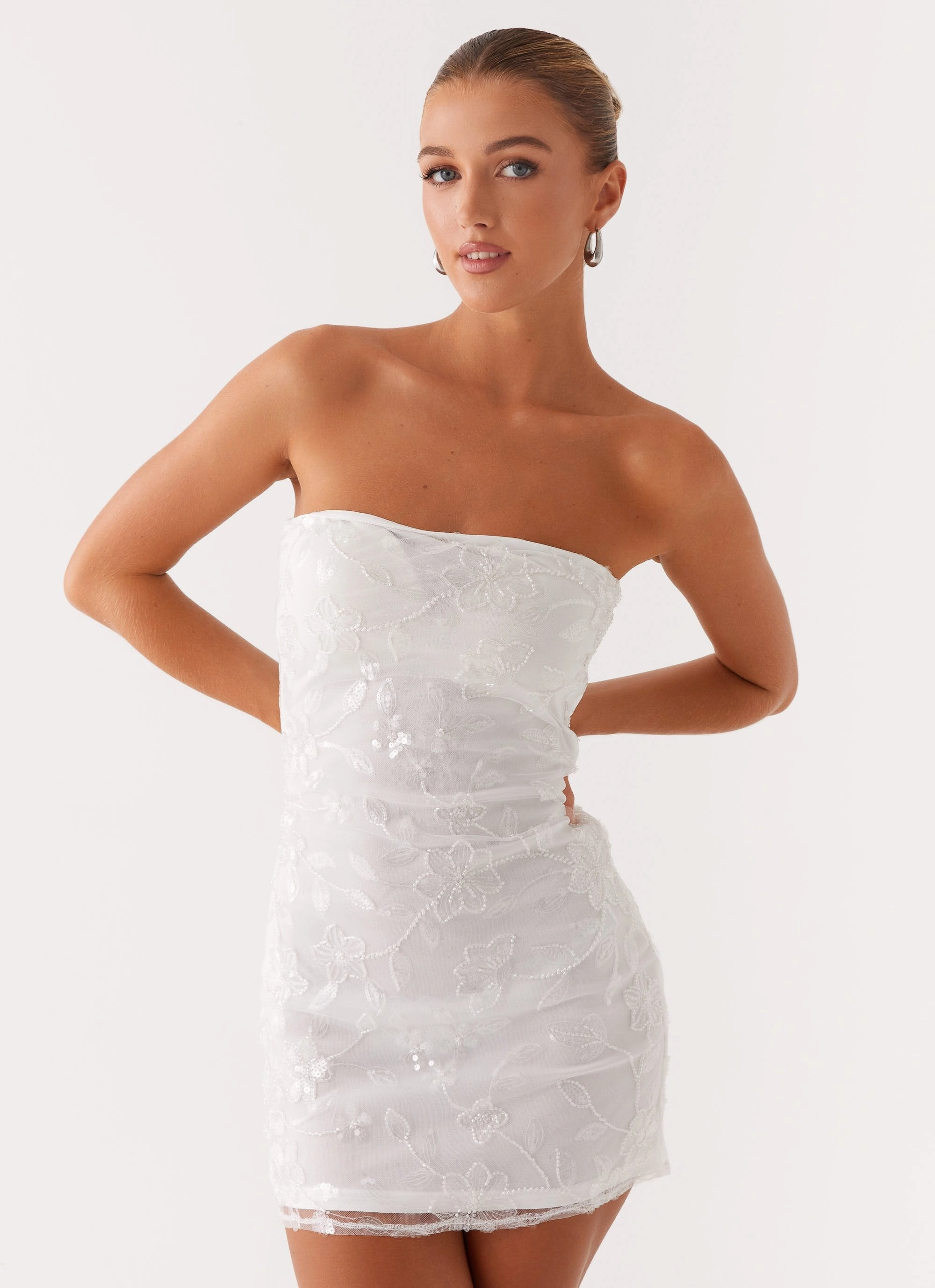 Soft Hue Effortless Pair Moorey Beaded Mini Dress - White Silver